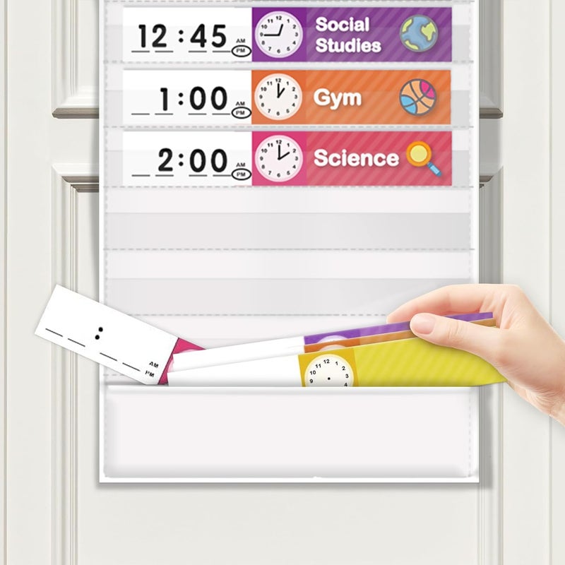 Eamay Daily Schedule Pocket Charts, Teaching Scheduling Pocket Chart, Hoom, Daily Scheduling Pocket Chart, Pocket Chart with 13+1 Pockets, 18pcs Dry Erase Cards and 2 Hooks (White) - Image 5